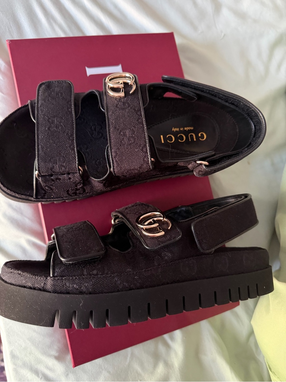 Gucci Black GG Canvas Platform Sandals with Gold Double G - Picture 3 of 9